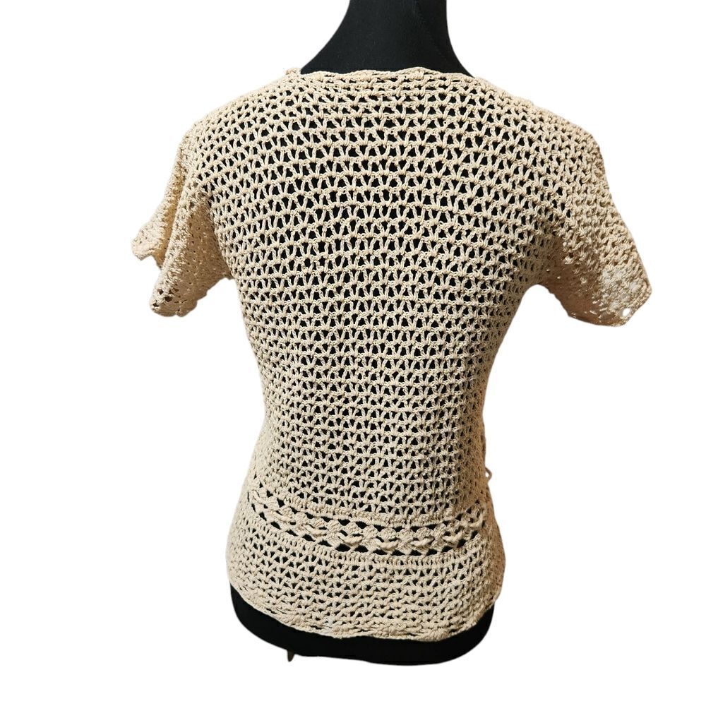 Vintage Crochet Shirt S M Cardigan Ivory Ecru Doily Scallop Loose Weave V Neck - Picture 4 of 10
